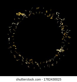 Gold flying musical notes isolated on black backdrop. Fresh musical notation symphony signs, notes for sound and tune music. Vector symbols for melody recording, prints and back layers.