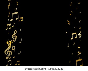Gold flying musical notes isolated on black background. Stylish musical notation symphony signs, notes for sound and tune music. Vector symbols for melody recording, prints and back layers.