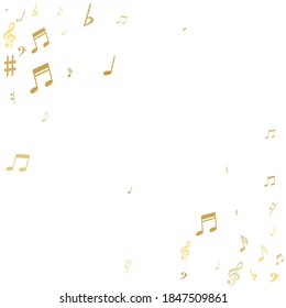 Gold flying musical notes isolated on white backdrop. Stylish musical notation symphony signs, notes for sound and tune music. Vector symbols for melody recording, prints and back layers.