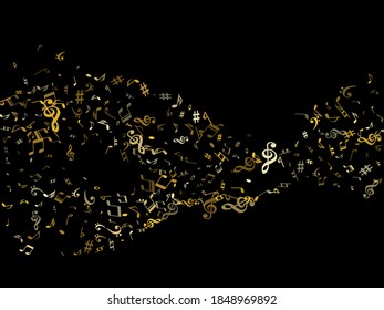 Gold flying musical notes isolated on black background. Metallic musical notation symphony signs, notes for sound and tune music. Vector symbols for melody recording, prints and back layers.