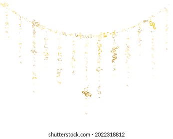 Gold flying musical notes isolated on white backdrop. Cute musical notation symphony signs, notes for sound and tune music. Vector symbols for melody recording, prints and back layers.