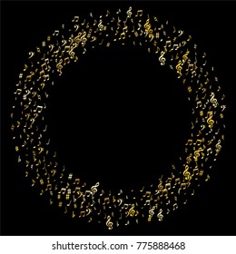 Gold flying musical notes isolated on black background. Fresh musical notation symphony signs, notes for sound and tune music. Vector symbols for melody recording, prints and borders.