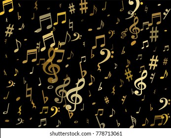 Gold flying musical notes isolated on black backdrop. Metallic musical notation symphony signs, notes for sound and tune music. Vector symbols for melody recording, prints and back layers.