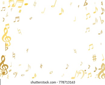 Gold flying musical notes isolated on white background. Metallic musical notation symphony signs, notes for sound and tune music. Vector symbols for melody recording, prints and back layers.