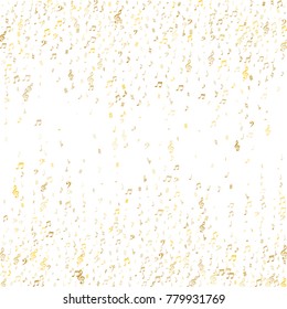 Gold flying musical notes isolated on white backdrop. Metallic musical notation symphony signs, notes for sound and tune music. Vector symbols for melody recording, prints and back layers.