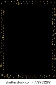 Gold flying musical notes isolated on black backdrop. Fresh musical notation symphony signs, notes for sound and tune music. Vector symbols for melody recording, prints and back layers.