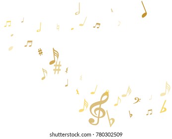 Gold flying musical notes isolated on white backdrop. Fresh musical notation symphony signs, notes for sound and tune music. Vector symbols for melody recording, prints and back layers.