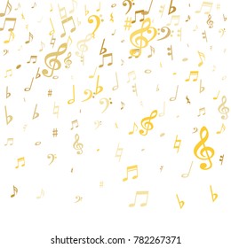 Gold flying musical notes isolated on white background. Fresh musical notation symphony signs, notes for sound and tune music. Vector symbols for melody recording, prints and back layers.