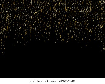 Gold flying musical notes isolated on black background. Metallic musical notation symphony signs, notes for sound and tune music. Vector symbols for melody recording, prints and back layers.