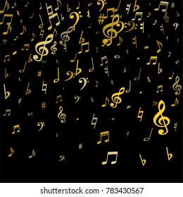 Gold flying musical notes isolated on black backdrop. Metallic musical notation symphony signs, notes for sound and tune music. Vector symbols for melody recording, prints and back layers.