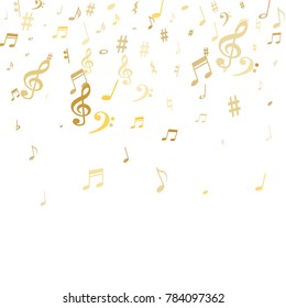 Gold flying musical notes isolated on white background. Cute musical notation symphony signs, notes for sound and tune music. Vector symbols for melody recording, prints and back layers.