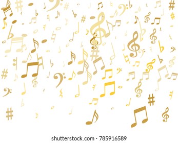 Gold flying musical notes isolated on white backdrop. Metallic musical notation symphony signs, notes for sound and tune music. Vector symbols for melody recording, prints and back layers.
