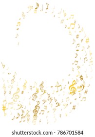 Gold flying musical notes isolated on white backdrop. Metallic musical notation symphony signs, notes for sound and tune music. Vector symbols for melody recording, prints and back layers.