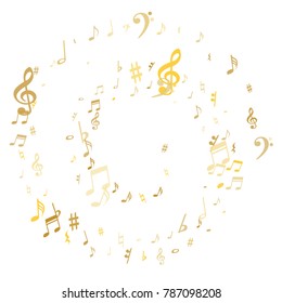 Gold flying musical notes isolated on white background. Stylish musical notation symphony signs, notes for sound and tune music. Vector symbols for melody recording, prints and back layers.