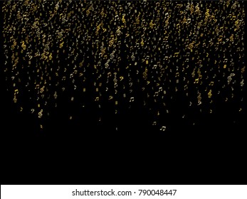 Gold flying musical notes isolated on black background. Fresh musical notation symphony signs, notes for sound and tune music. Vector symbols for melody recording, prints and back layers.