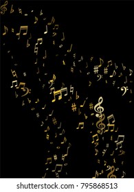 Gold flying musical notes isolated on black background. Metallic musical notation symphony signs, notes for sound and tune music. Vector symbols for melody recording, prints and back layers.