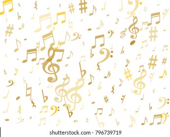 Gold flying musical notes isolated on white background. Metallic musical notation symphony signs, notes for sound and tune music. Vector symbols for melody recording, prints and back layers.
