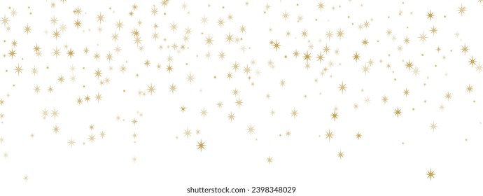 Gold flying star confetti, isolated sparkle vector clip art, holiday frame design, modern flat banner