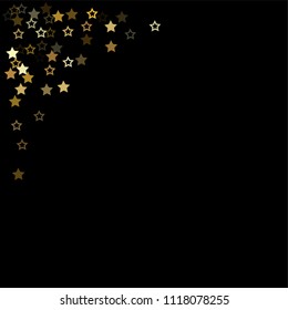 Gold flying stars confetti background on black. golden christmas lights falling. magic shining Flying stars glitter cosmic backdrop, sparkle vector border. glow tinsel vector frame