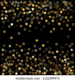 Gold flying stars confetti background on black. golden christmas lights falling. magic shining Flying stars glitter cosmic backdrop, sparkle vector border. glow tinsel vector frame