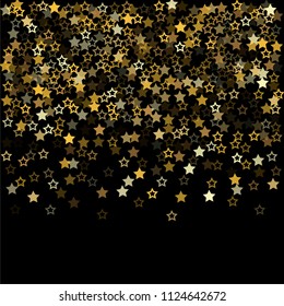 Gold flying stars confetti background on black. golden christmas lights falling. magic shining Flying stars glitter cosmic backdrop, sparkle vector border. glow tinsel vector frame