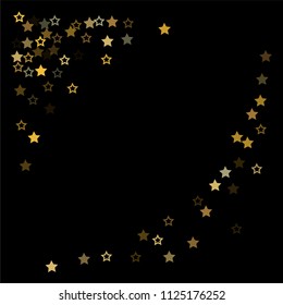 Gold flying stars confetti background on black. golden christmas lights falling. magic shining Flying stars glitter cosmic backdrop, sparkle vector border. glow tinsel vector frame