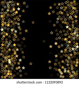 Gold flying stars confetti background on black. golden christmas lights falling. magic shining Flying stars glitter cosmic backdrop, sparkle vector border. glow tinsel vector frame