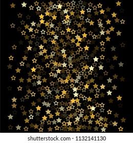 Gold flying stars confetti background on black. golden christmas lights falling. magic shining Flying stars glitter cosmic backdrop, sparkle vector border. glow tinsel vector frame