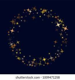 Gold flying stars confetti magic christmas frame vector on dark, sparkles stardust border background. Holiday decorative frame, Christmas stars background vector border, flying gold sparkles confetti.