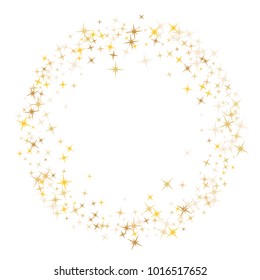 Gold flying stars confetti magic holiday frame vector, premium sparkles stardust border background. Premium carnival party stars background vector, flying gold sparkles confetti ring frame on white.