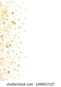 Gold flying stars confetti magic holiday frame vector, premium sparkles stardust border background.  Carnival holiday decor stars background vector, flying gold sparkles confetti on white.