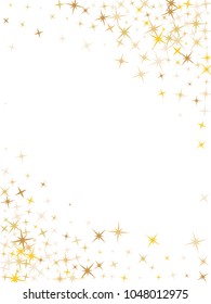 Gold flying stars confetti magic holiday frame vector, premium sparkles stardust border background.  Vintage carnival holiday stars background vector, flying gold sparkles confetti corners on white.