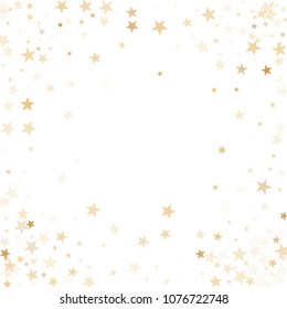 Gold flying stars confetti magic holiday frame vector, premium sparkles stardust border background.  Flying birthday party stars background vector, flying gold sparkles confetti on white.