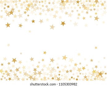 Gold flying stars confetti magic holiday frame vector, premium sparkles stardust border background.  Cool birthday party stars background vector, flying gold sparkles confetti frame on white.