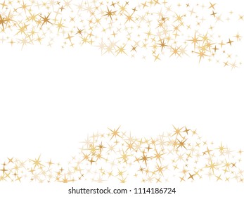 Gold flying stars confetti magic holiday frame vector, premium sparkles stardust border background.  Stylish New Year holiday stars background vector, flying gold sparkles confetti on white.