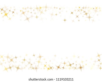 Gold flying stars confetti magic holiday frame vector, premium sparkles stardust border background.  Flying carnival holiday stars background vector, flying gold sparkles confetti on white.