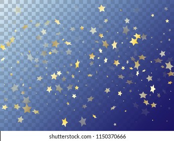 Gold flying stars confetti magic christmas vector, premium sparkles stardust background. Holiday party decor, Christmas stars background vector, flying gold sparkles confetti on transparent.