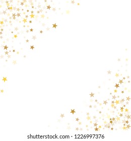 Gold flying stars confetti magic holiday frame vector, premium sparkles stardust border background. Light New Year holiday stars background vector, flying gold sparkles confetti corners frame on white