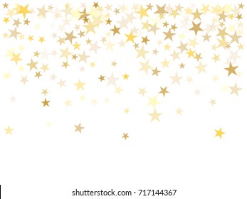 Gold flying stars confetti magic cosmic christmas vector, premium sparkles stardust background pattern. Holiday party decor, Christmas stars background vector, flying gold sparkles confetti on white.