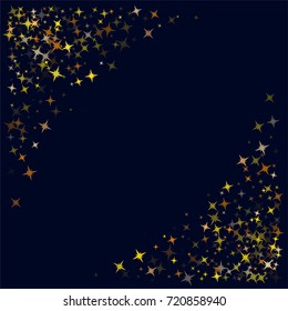 Gold flying stars confetti magic christmas frame vector on dark, sparkles stardust border background. Holiday decorative frame, Christmas stars background vector border, flying gold sparkles confetti.