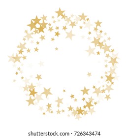 Gold flying stars confetti magic christmas frame vector, premium sparkles stardust border background. Holiday party decor, Christmas stars background vector, flying gold sparkles confetti on white.