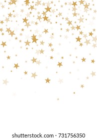 Gold flying stars confetti magic cosmic christmas vector, premium sparkles stardust background pattern. Holiday party decor, Christmas stars background vector, flying gold sparkles confetti on white.
