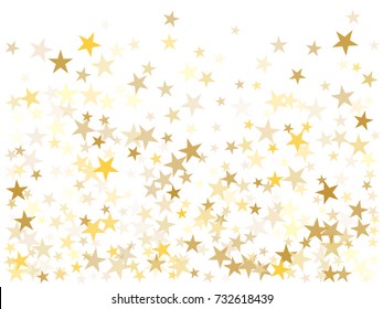 Gold flying stars confetti magic cosmic christmas vector, premium sparkles stardust background pattern. Holiday party decor, Christmas stars background vector, flying gold sparkles confetti on white.