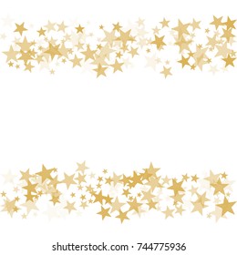 Gold flying stars confetti magic christmas frame vector, premium sparkles stardust border background. Holiday party decor, Christmas stars background vector, flying gold sparkles confetti on white.