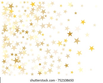 Gold flying stars confetti magic cosmic christmas vector, premium sparkles stardust background pattern. Holiday party decor, Christmas stars background vector, flying gold sparkles confetti on white.