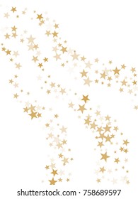 Gold flying stars confetti magic cosmic christmas vector, premium sparkles stardust background pattern. Holiday party decor, Christmas stars background vector, flying gold sparkles confetti on white.