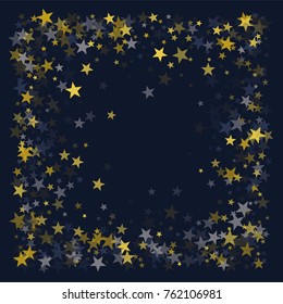 Gold flying stars confetti magic christmas frame vector on dark, sparkles stardust border background. Holiday decorative frame, Christmas stars background vector border, flying gold sparkles confetti.
