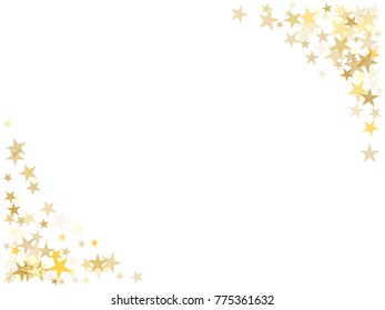 Gold flying stars confetti magic christmas frame vector, premium sparkles stardust border background. Holiday party decor, Christmas stars background vector, flying gold sparkles confetti on white.