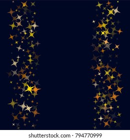 Gold flying stars confetti magic christmas frame vector on dark, sparkles stardust border background. Holiday decorative frame, Christmas stars background vector border, flying gold sparkles confetti.