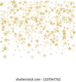 Gold flying stars confetti vector background frame, golden christmas lights falling. magic shining Flying stars glitter cosmic backdrop, sparkle vector border. glow tinsel